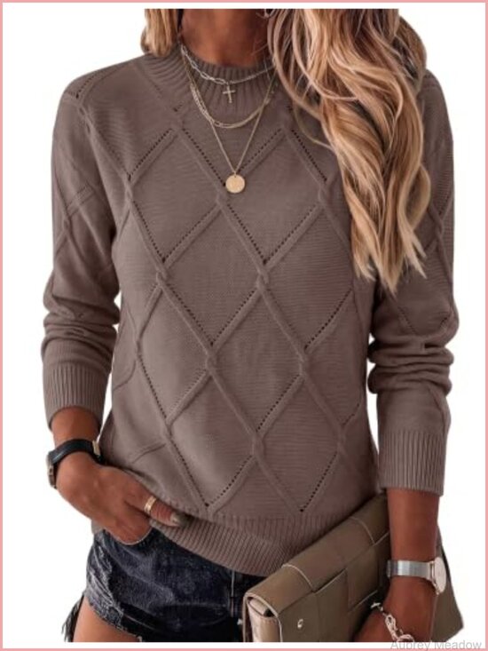 Sweaters - Women's Sweater Loose Fit Crew Neck Hollow Out Knit Long Sleeve Pullover